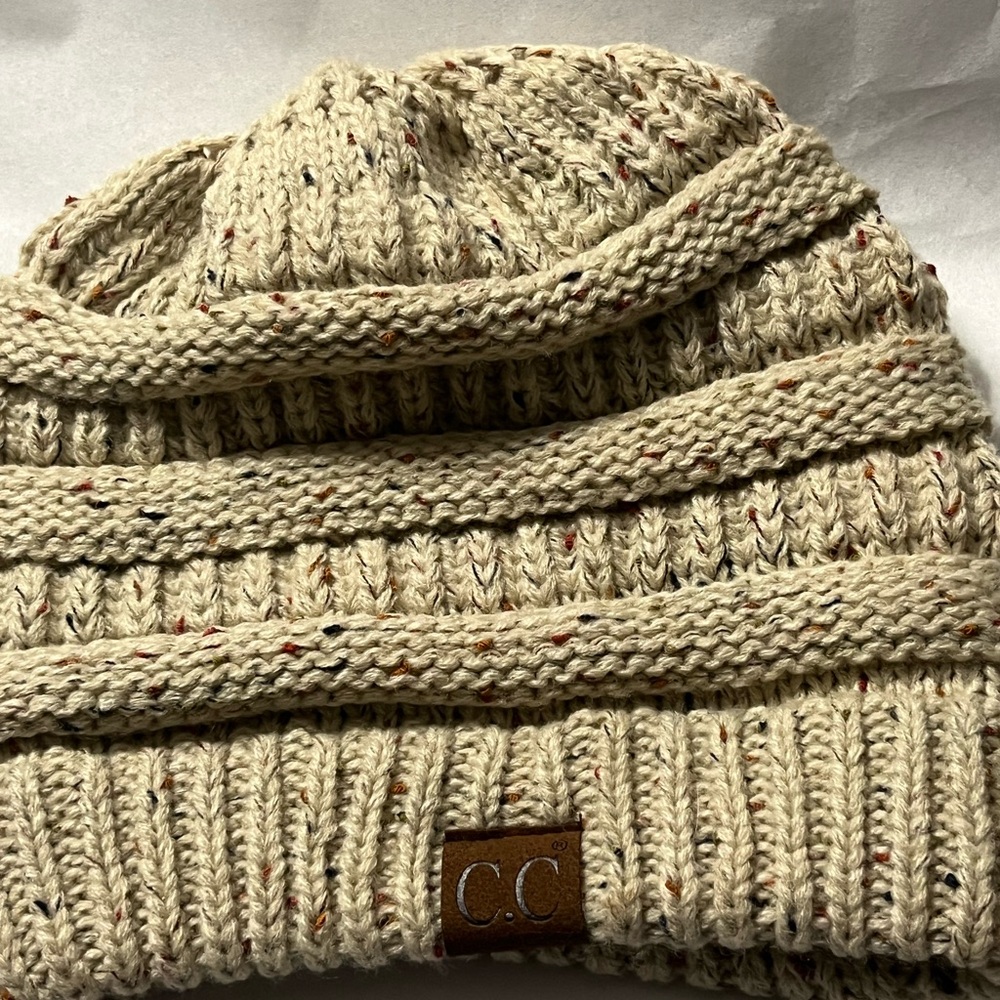 C.C. Beanie Trendy Warm Chunky Soft Stretch Cable Knit Beige Speckled Beanie
